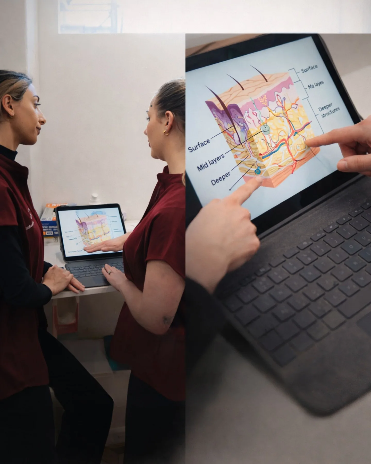 Two Embrace clinicians reviewing a skin-anatomy diagram on a tablet during a treatment consultation