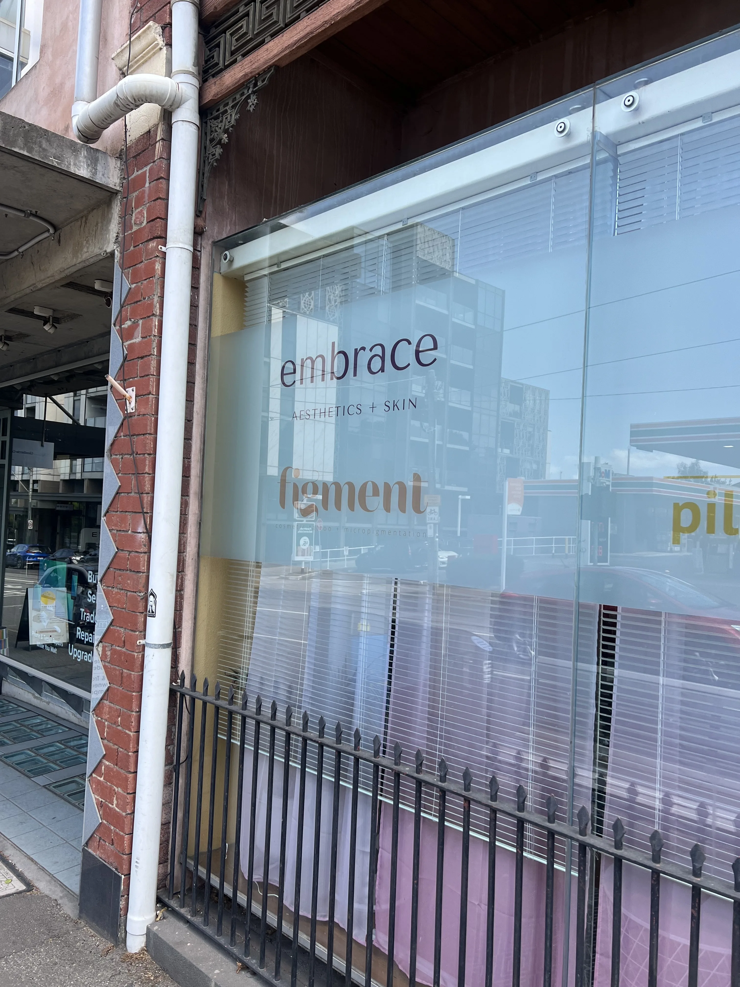 The Embrace Aesthetics and Skin frosted-glass shopfront window on Glenferrie Rd, Hawthorn